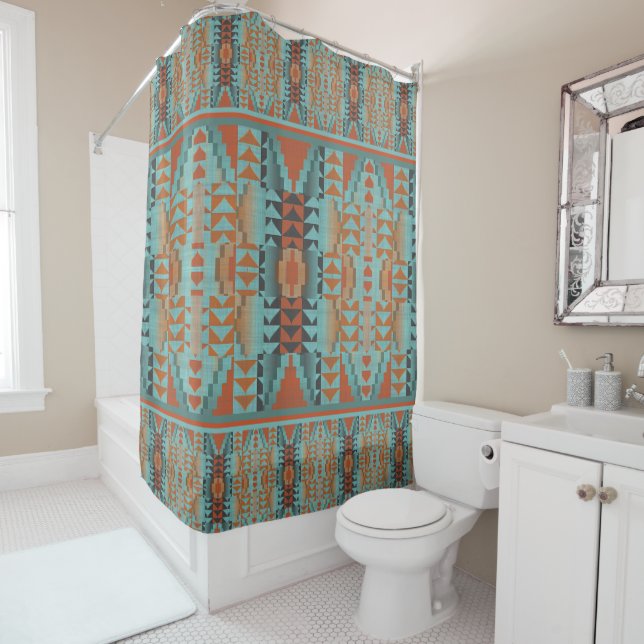 Rideaux De Douche Orange Brown Turquoise Turquoise Blue Tribal Art t (En situation)