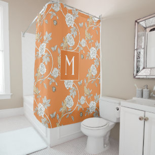 Rideaux De Douche Orange Chinoiserie Floral Monogramme