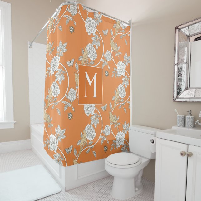 Rideaux De Douche Orange Chinoiserie Floral Monogramme (En situation)