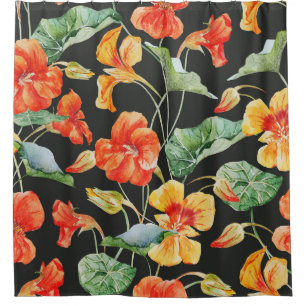Rideaux De Douche Orange de Nasturtium : Aquarelle Motif foncé.