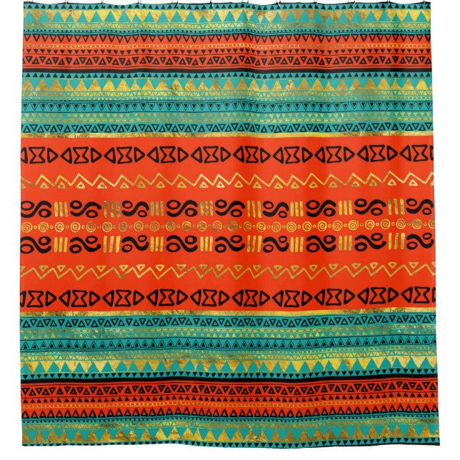 Rideaux De Douche Orange tribale ethnique et Teal d'or de motif (Devant)