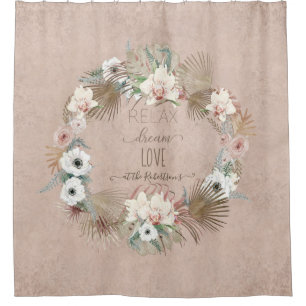 Rideaux De Douche Orchidée Boho Tropical Palm Leaf Wreath Blush Rose