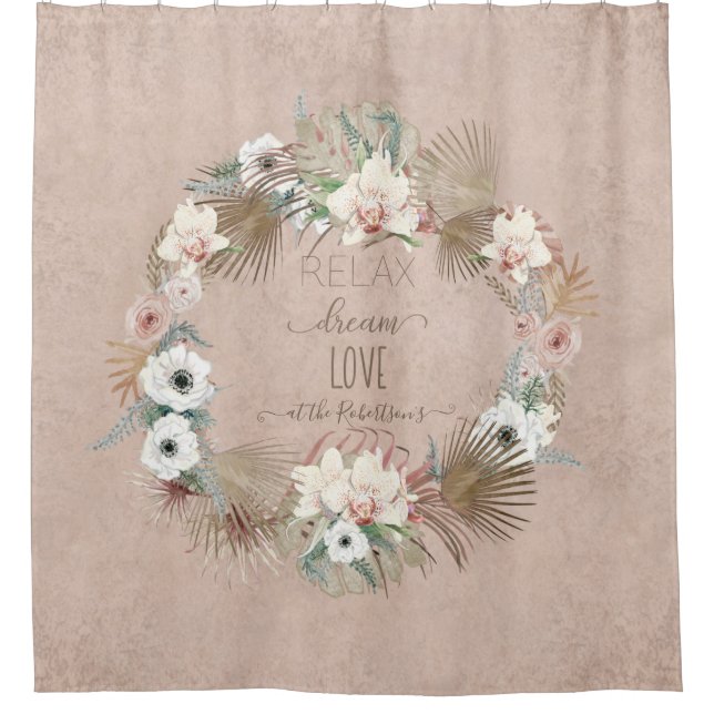 Rideaux De Douche Orchidée Boho Tropical Palm Leaf Wreath Blush Rose (Devant)