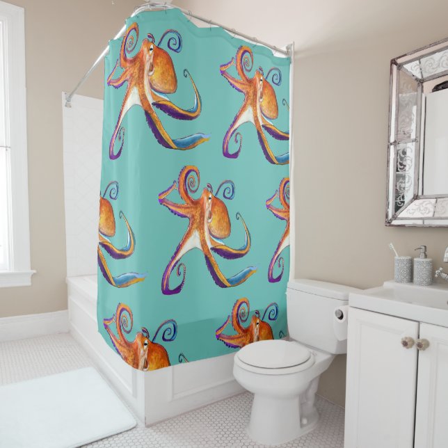 Rideaux De Douche Otopus vie marine aquarelle art (En situation)