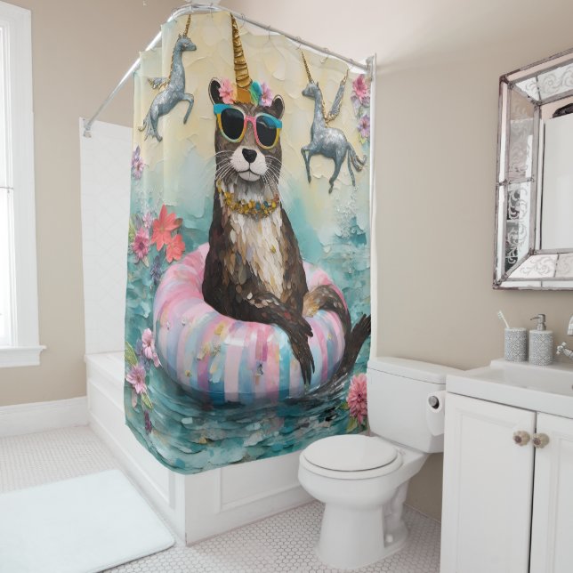 Rideaux De Douche Otter lunaire et licornes flottantes sur une riviè (En situation)