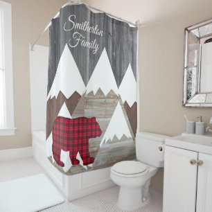 Rideaux De Douche Ours à carreaux rouge et noir de montagne enneigée