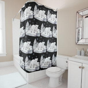 Rideaux De Douche Ours polaire à l'aquarelle noire Pins Flocons de n