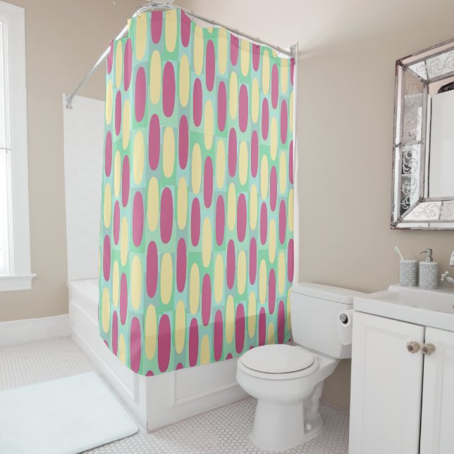 Rideaux De Douche Ovales jaune et rose (En situation)