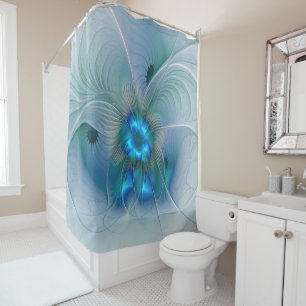 Rideaux De Douche Ovations debout, fractale abstraite bleu turquoise
