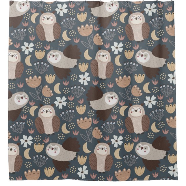 Rideaux De Douche Owl Love Scandinavian Folk Art Motif animal (Devant)