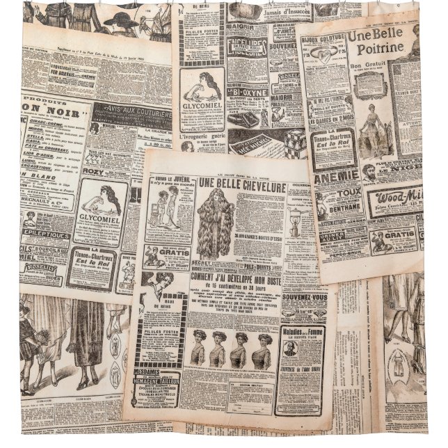 Rideaux De Douche Pages de journaux avec publicité antique. La femme (Devant)