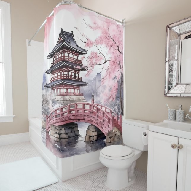 Rideaux De Douche Pagode rose gris japonais Sakura fleurit (En situation)