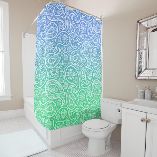 Rideaux De Douche Paisson blanc sur vert à bleu ombre (En situation)