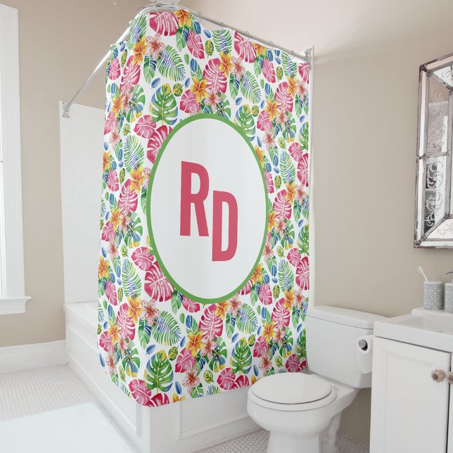 Rideaux De Douche Palme tropicale Feuilles Monogramme vert rose (Créateur téléchargé)