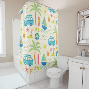 Rideaux De Douche Palmiers de plage d'été, bateaux et soleil