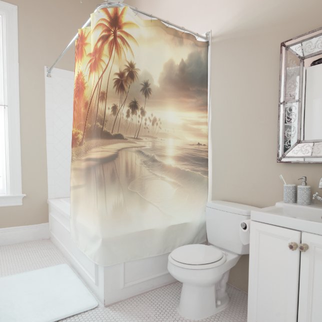 Rideaux De Douche Palmiers & Plage de coucher de soleil orange (En situation)