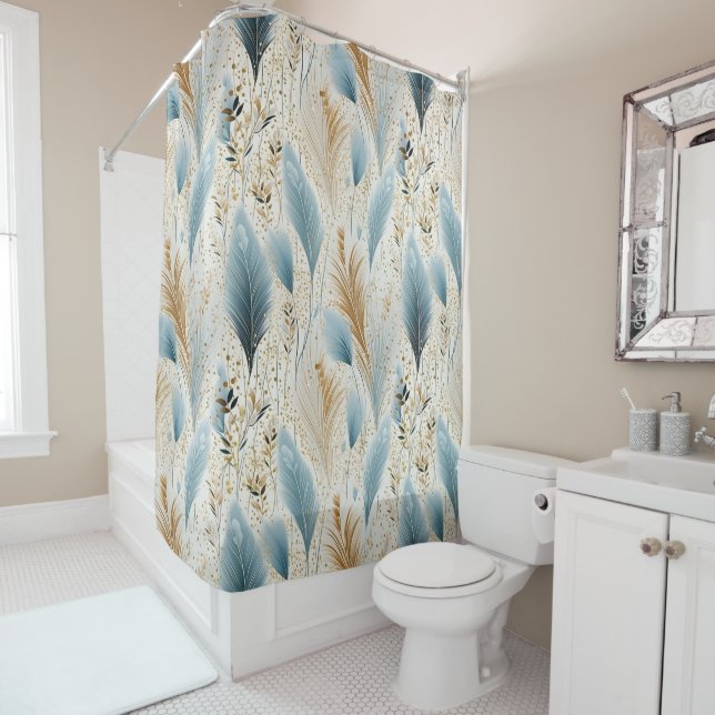 Rideaux De Douche Pampas bleu et or Grandes (En situation)