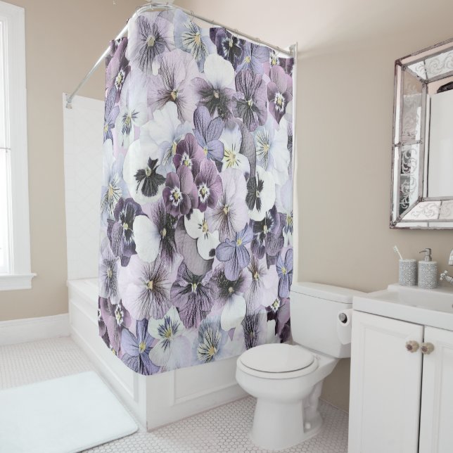 Rideaux De Douche Panneaux blancs violets roses dessin Vintage (En situation)