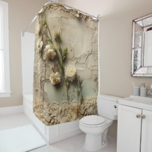 Rideaux De Douche Papier Vieilli avec Motif de Fleurs Rustiques Blan