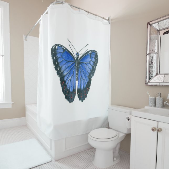 Rideaux De Douche Papillon bleu Morpho aquarelle peinture (En situation)