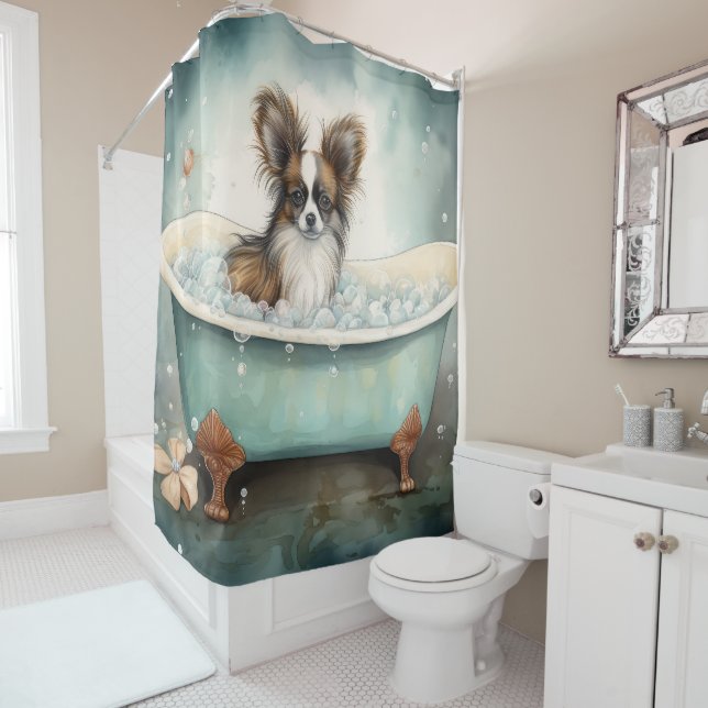 Rideaux De Douche Papillon Dans La Baignoire Aquarelle Chien Art Dou (En situation)