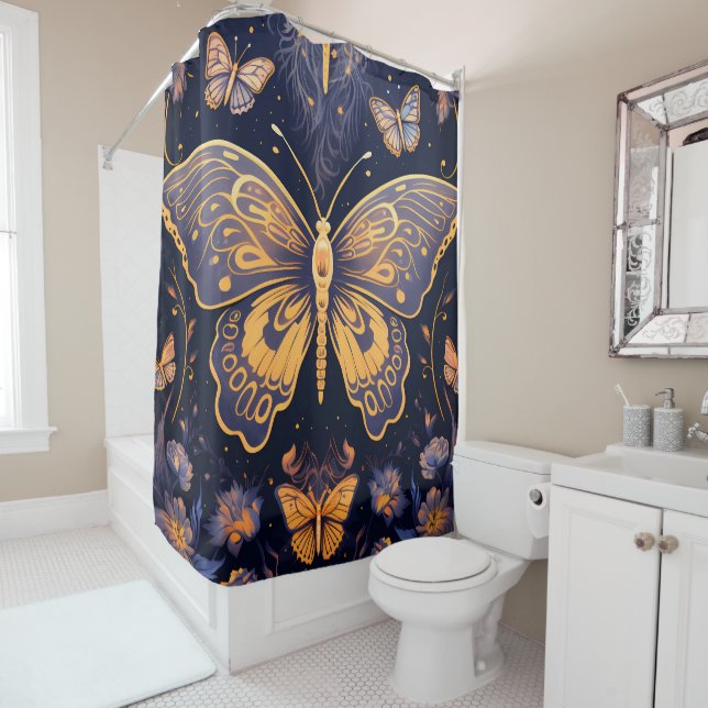 Rideaux De Douche Papillon d'or bleu violet Art déco moderne (En situation)
