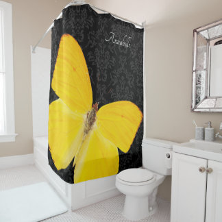 Rideaux De Douche Papillon jaune élégant Damassé noir Ajouter un nom