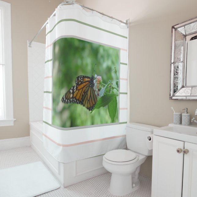 Rideaux De Douche Papillon Monarch Rayures Vert Rose (En situation)