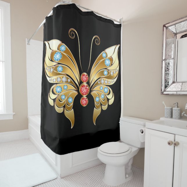 Rideaux De Douche Papillon Or Orné De Gemmes (En situation)