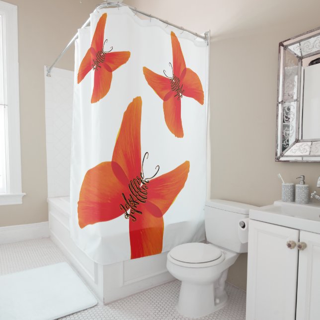 Rideaux De Douche Papillons à coquelicot rouge orange avec trois nom (En situation)