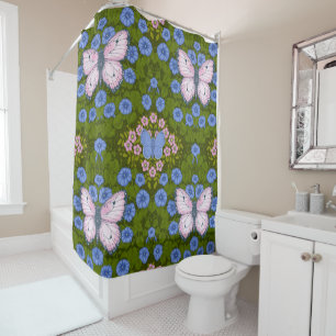 Rideaux De Douche Papillons et symétrie des fleurs, bleu et rose
