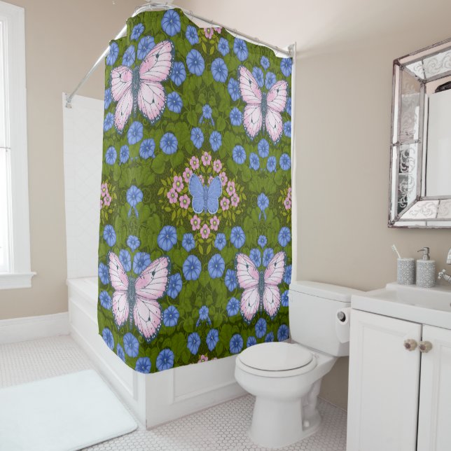 Rideaux De Douche Papillons et symétrie des fleurs, bleu et rose (En situation)