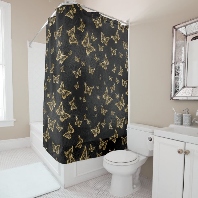 Rideaux De Douche Papillons glamés à étincelles d'or (En situation)