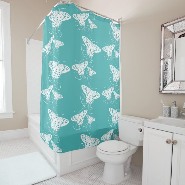 Rideaux De Douche Papillons Turquoise et Motif blanc (En situation)
