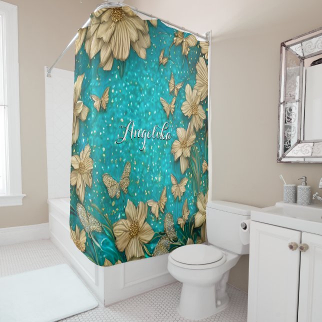Rideaux De Douche Papillons turquoises Faux Gold Parties scintillant (En situation)