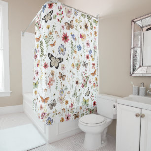 Rideaux De Douche Papillons Vintages colorés à la Fleur sauvage Bota