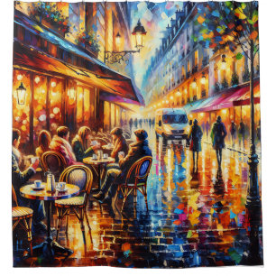 Rideaux De Douche "Parisienne Rainy Evening Outdoor Cafe Art"
