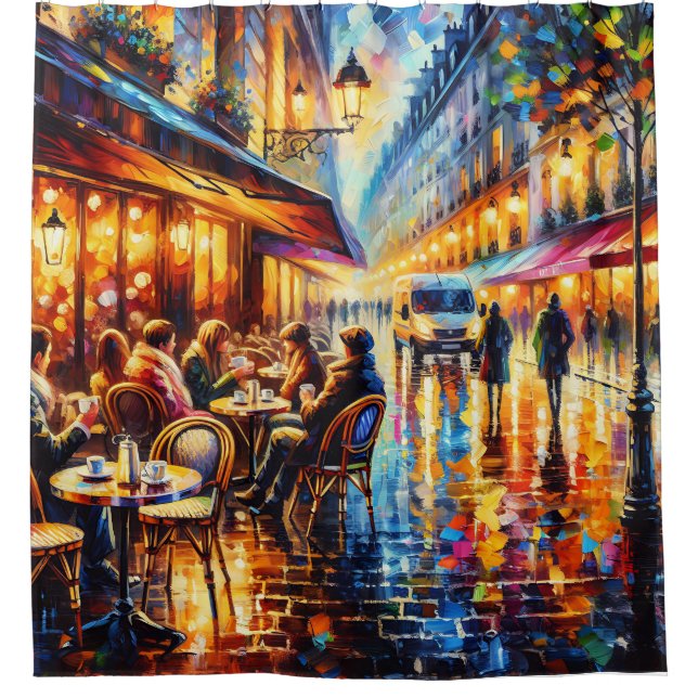 Rideaux De Douche "Parisienne Rainy Evening Outdoor Cafe Art" (Devant)