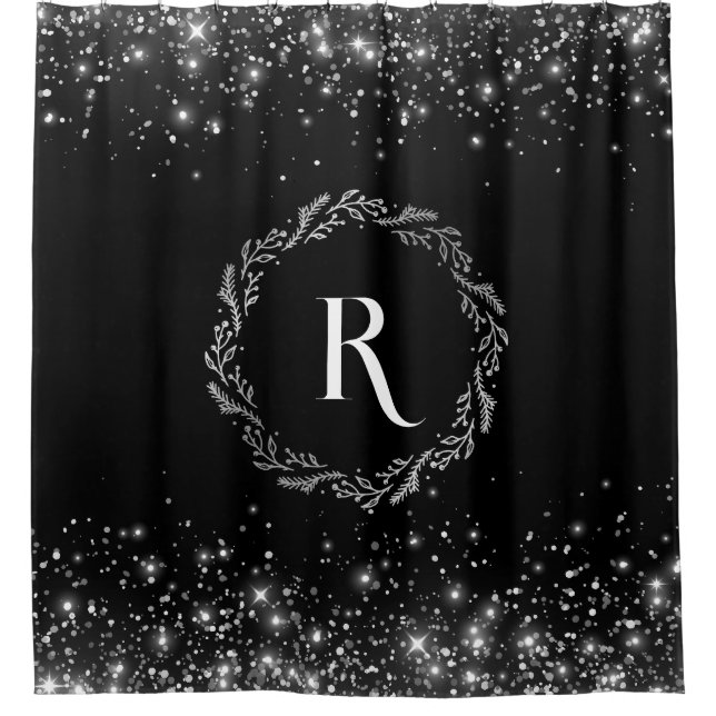 Rideaux De Douche Parties scintillant Argent Et Noir Élégant Monogra (Devant)