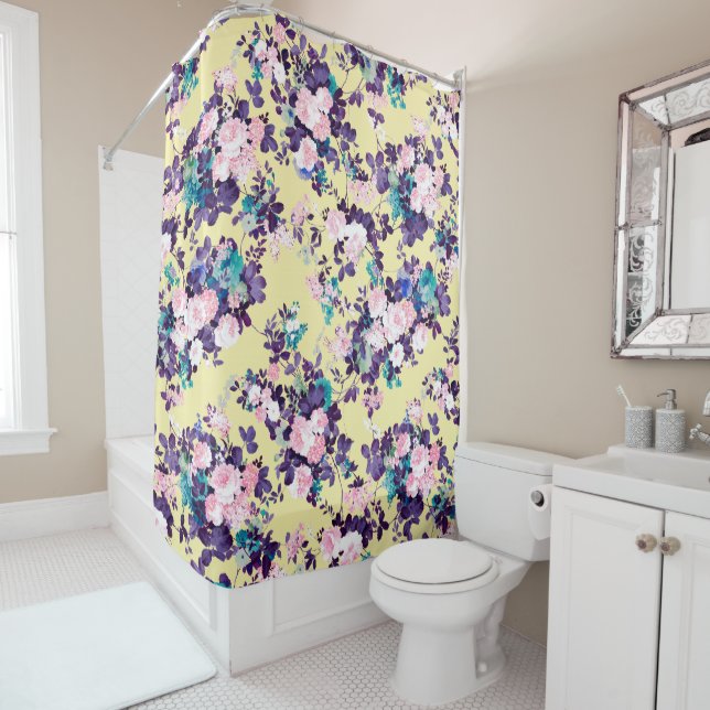 Rideaux De Douche Parties scintillant florale vintage rose violet ja (En situation)