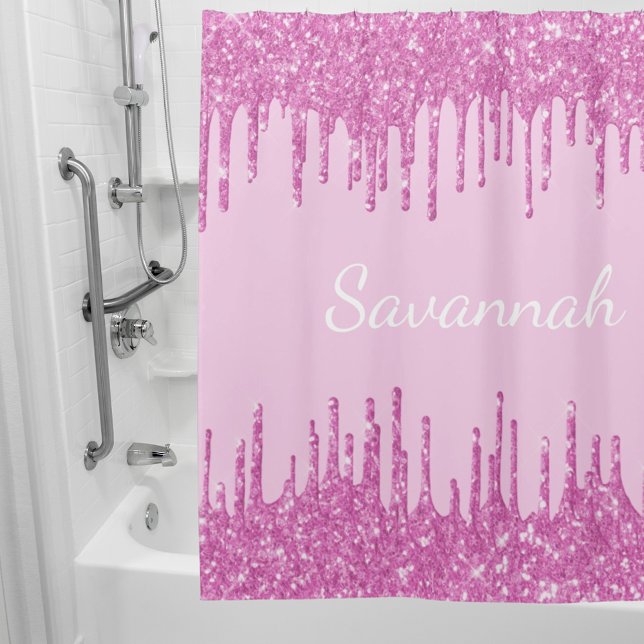 Rideaux De Douche Parties scintillant rose gouttes de nom monogramme (Créateur téléchargé)