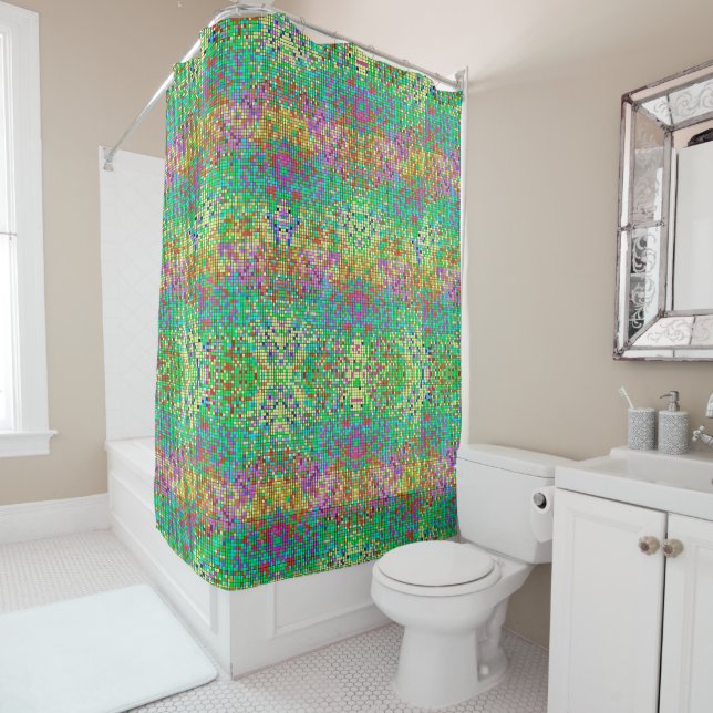 Rideaux De Douche Parties scintillant Rose Jaune Et Vert (En situation)