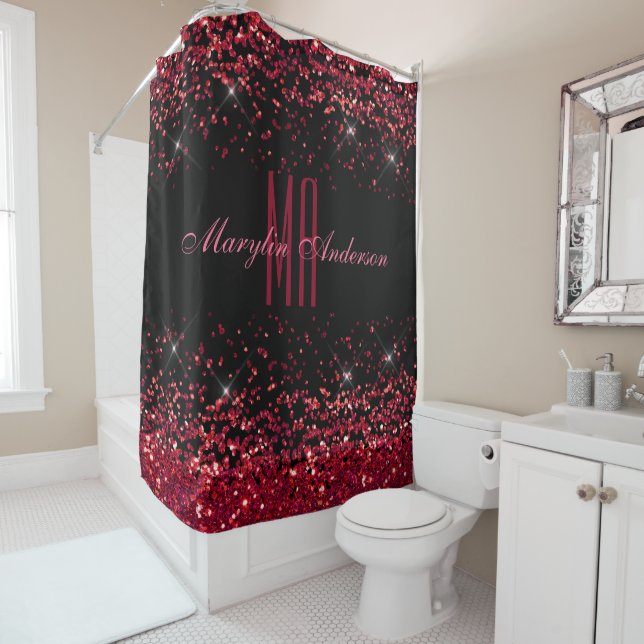 RIDEAUX DE DOUCHE PARTIES SCINTILLANT ROUGE CHRISTMAS CHUNKY MONOGRA (En situation)