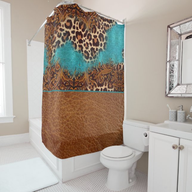 Rideaux De Douche Parties scintillant Turquoise Occidentale Léopard  (En situation)