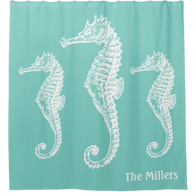 Rideaux De Douche Pastel Chic Seahorse Famille Turquoise Vert (Devant)