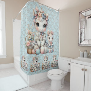 Rideaux De Douche Pastel Kawaii Unicorne Mère fille Duo bleu