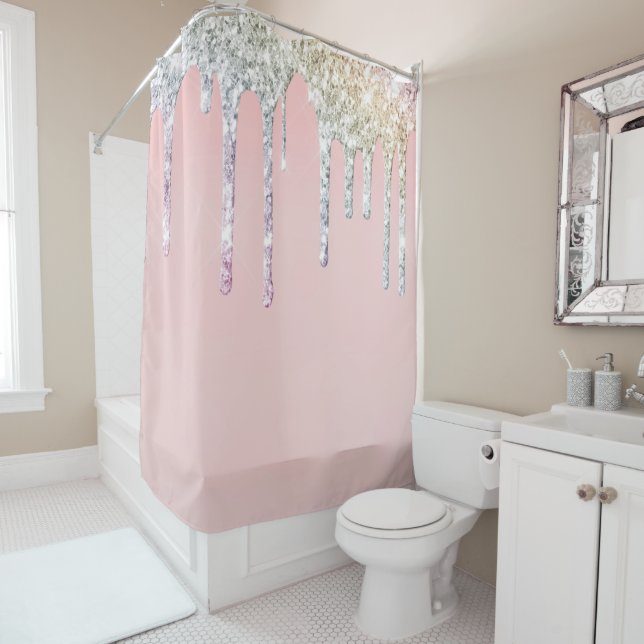 Rideaux De Douche *~* Pastel Pink OMBRE GLITTER Drip Magenta AP7  (En situation)