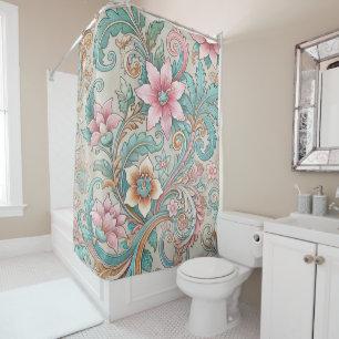 Rideaux De Douche Pastel Pink Turquoise Boho Indonésien Batik Floral