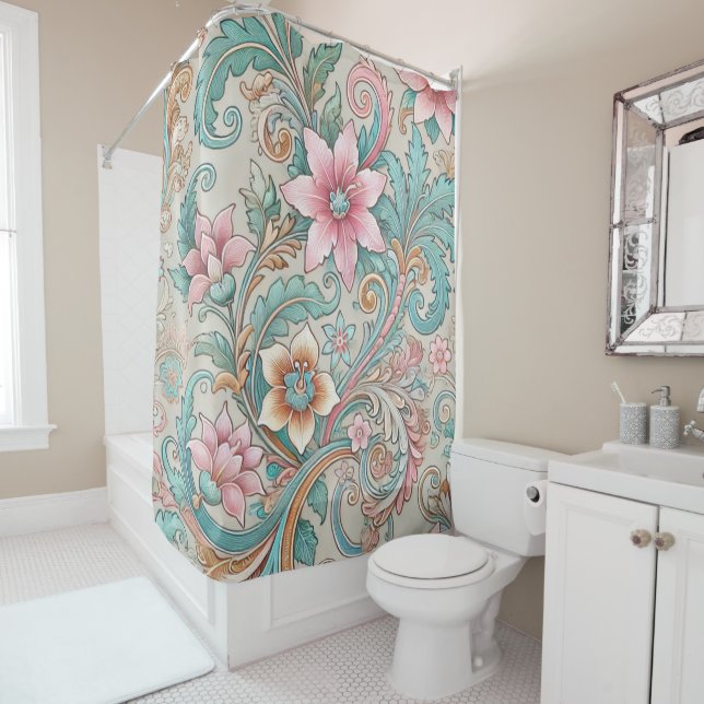 Rideaux De Douche Pastel Pink Turquoise Boho Indonésien Batik Floral (En situation)