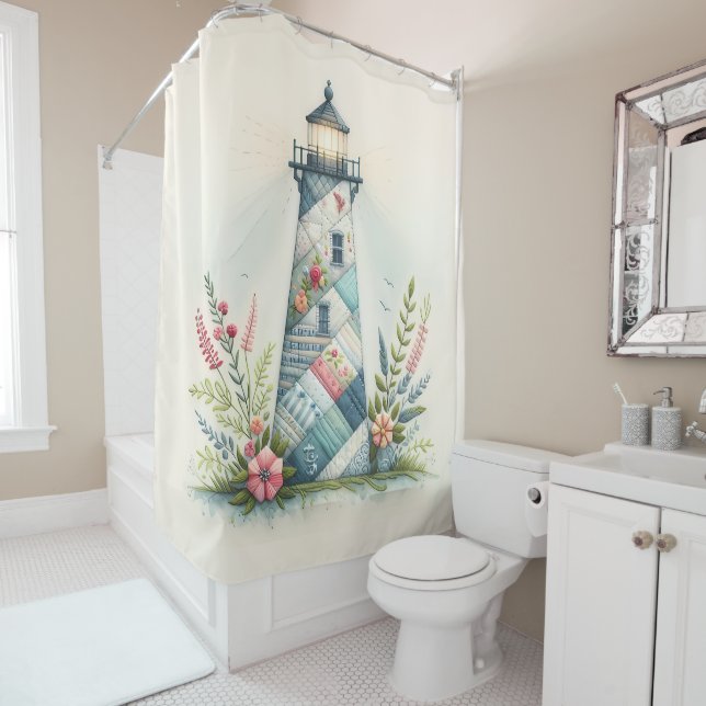 Rideaux De Douche Patchwork Lighthouse Coastal Floral Scene (En situation)